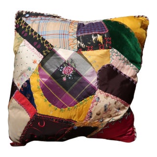 1870s Antique Crazy Quilt Pillow 18 Inches 4 For Sale