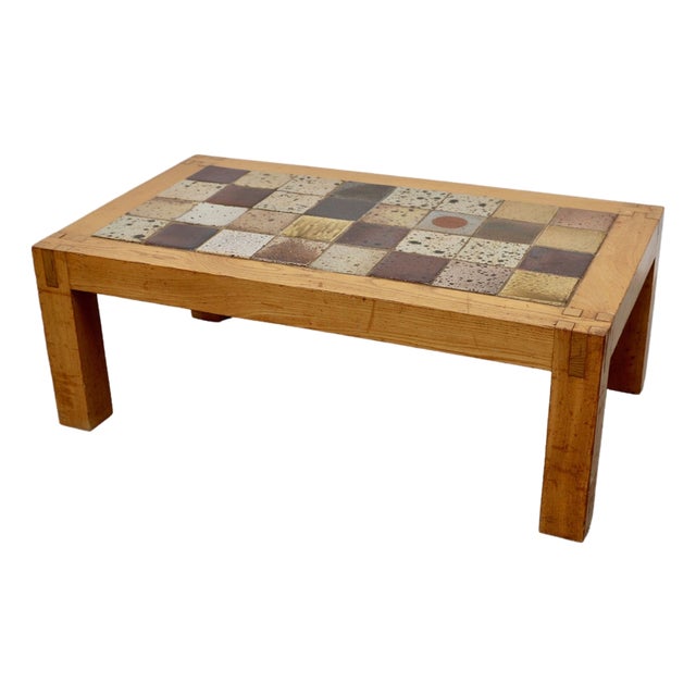 Coffee Table in Stoneware with Elm Base attributed to Regain, France, 1960s For Sale