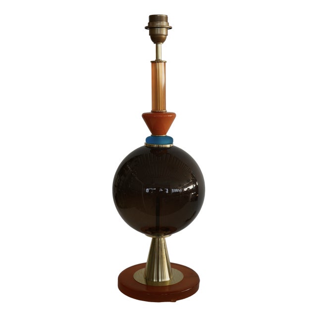 Art Deco Murano Round Black and Orange Art Glass Table Lamp, 2000 For Sale
