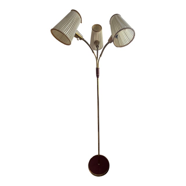 Vintage Mid Century Brass and Red Floor Lamp W/3 Fabric Shades For Sale