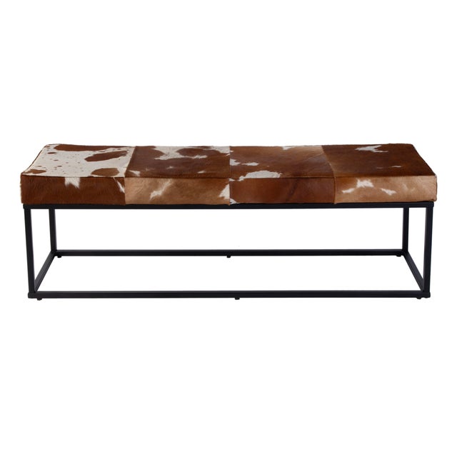 Rustic Stinson 54 in. W Rectangular Hair-on-Hide and Iron Accent Bench, Brown Leather For Sale - Image 3 of 6
