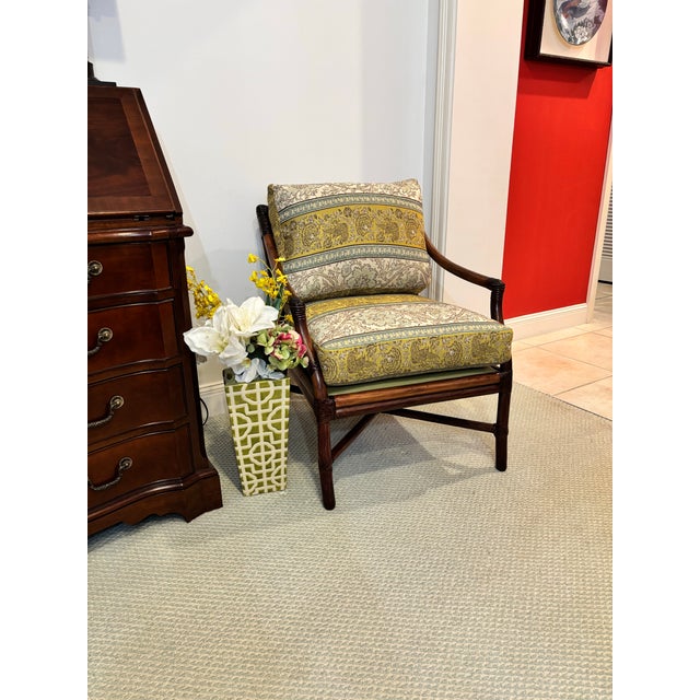 2 Professionally Refurbished McGuire Target Back Rattan Lounge Chairs With Ottoman. Upholstered in Vintage Original Green and Blue For Sale In West Palm - Image 6 of 12