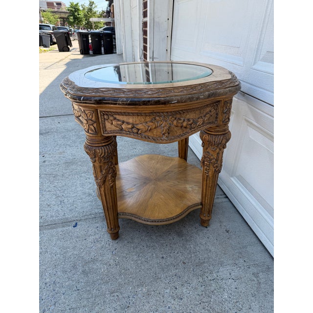Late 20th Century French Louis XVI Style Carved Wood & Marble Glass Top Round Side Table For Sale - Image 4 of 11