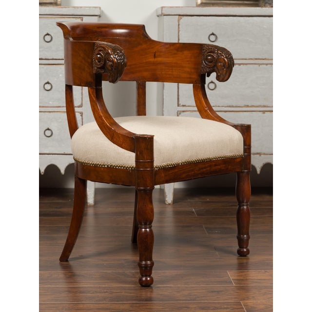Early 19th Century French 1830s Restauration Period Mahogany Armchair with Carved Rams' Heads For Sale - Image 5 of 12