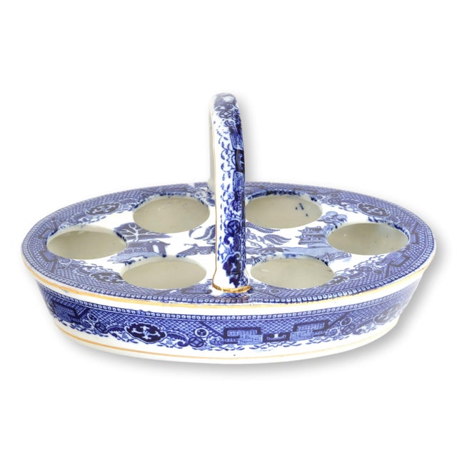 Mid 19th Century Antique English Willow Porcelain 6 Egg Cup Set w/ Handled Stand For Sale - Image 5 of 6