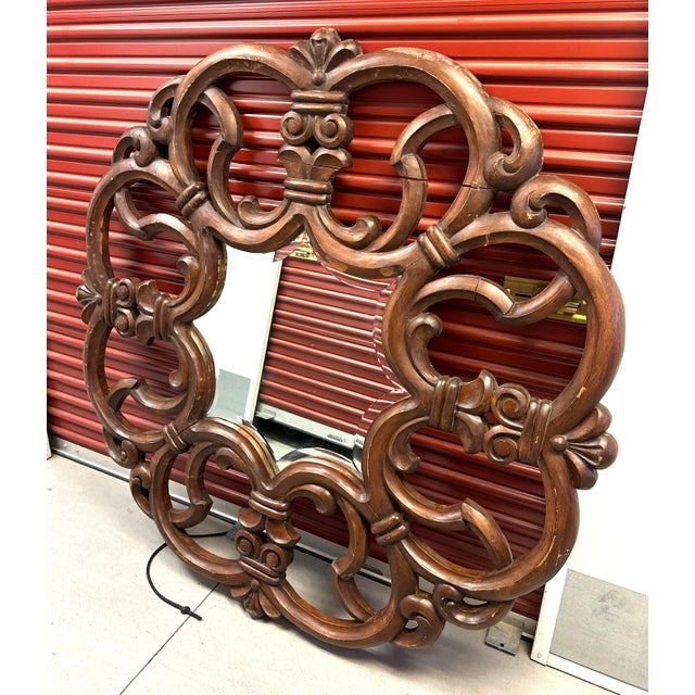 Rustic European Large 60in Ornate Carved Wood Wall Mirror For Sale - Image 3 of 11