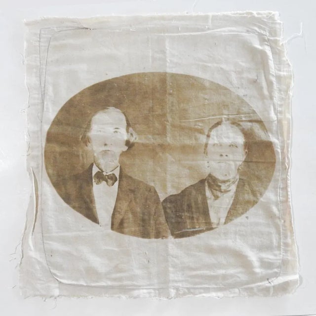 Late 19th century cotton sepia cyanotype pillow cover. Portrait of man and woman on cotton, two layers of fabric, stitched...