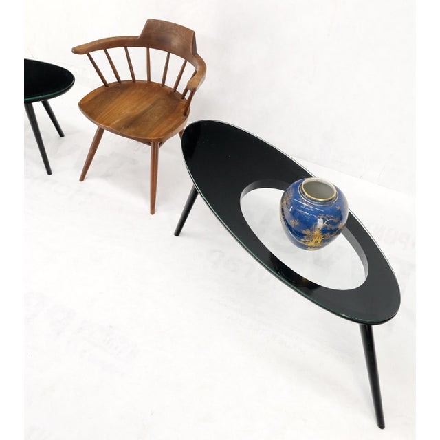 Black Mid 20th Century Pair Glass Top Black Lacquer Oval Pierced Shape Solid Tops End Side Tables Stand For Sale - Image 8 of 12