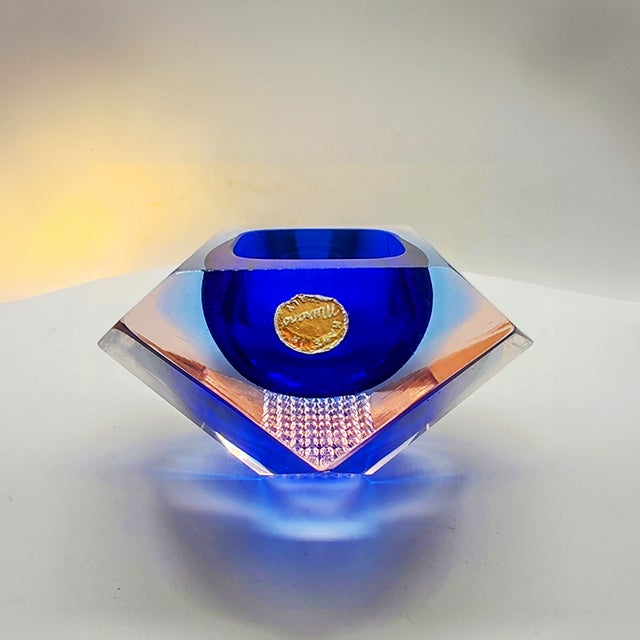 Stunning Ashtray in Murano Glass by Flavio Poli for Seguso Three submerged colors: Blue, Sky Blue and and Soft Pink Orange...