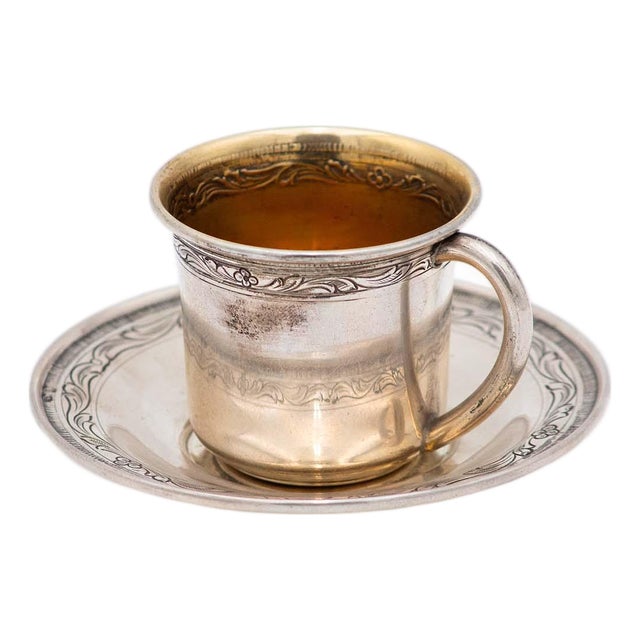 Engraved Silver Cup and Saucer with Gilt Interior, Set of 2 For Sale