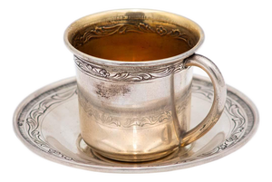 Engraved Silver Cup and Saucer with Gilt Interior, Set of 2