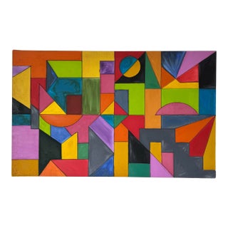 2003 Vintage Daniel Colorful Geometric Abstract Oil on Canvas Painting – Unframed For Sale