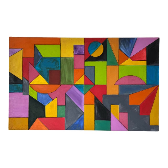 2003 Vintage Daniel Colorful Geometric Abstract Oil on Canvas Painting – Unframed For Sale