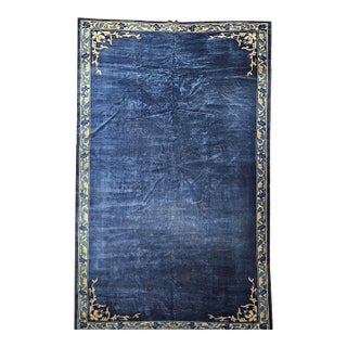 1900s Oversized Art Deco Chinese Rug, Wool Pile, Blue and Gold, Open Design, 11' x 20’ For Sale