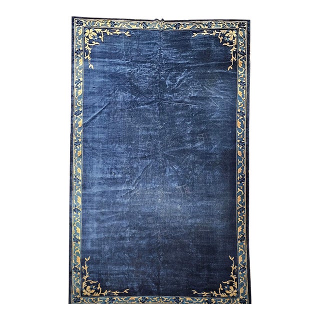 1900s Oversized Art Deco Chinese Rug, Wool Pile, Blue and Gold, Open Design, 11' x 20’ For Sale