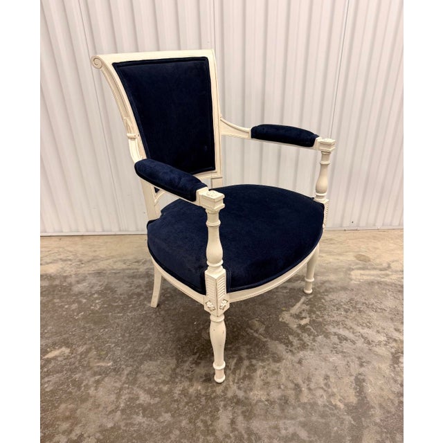 Navy Blue Vintage Classic French “ Petite “ Louis XVI Style Armchairs Featuring Deep Navy Blue Velvet Upholstery - A Pair For Sale - Image 8 of 12