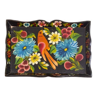 1930s Hand Painted Mexican Folk Art Tray With Polychrome Flowers and Bird For Sale