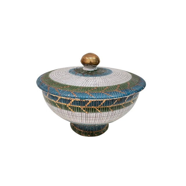 Midcentury Italian sgraffito pottery lidded pedestal dish. Signed “Italy”.