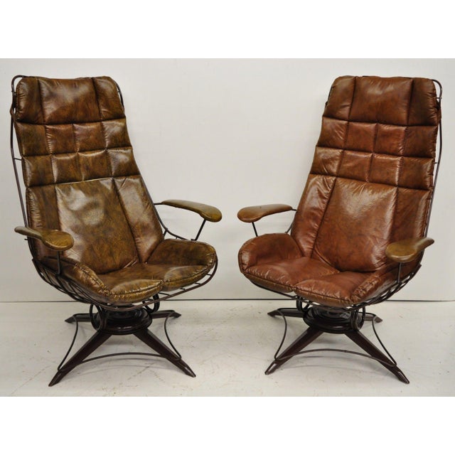 Vintage Homecrest Brown Vinyl on Iron Wire Patio Lounge Armchairs a