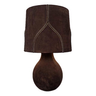 Large Vintage Suede Table Lamp with Matching Shade, 1970s For Sale