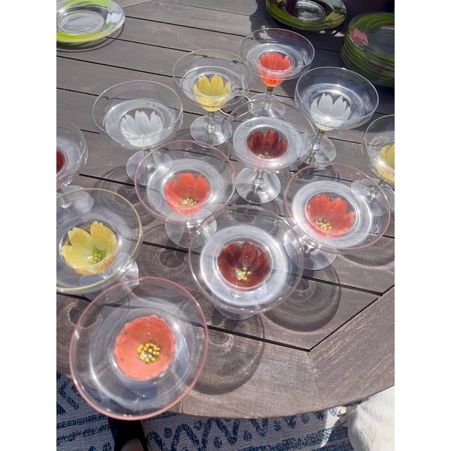 Vintage Hand Painted Tulip Glass Shrimp Cocktail Set For Sale - Image 10 of 11