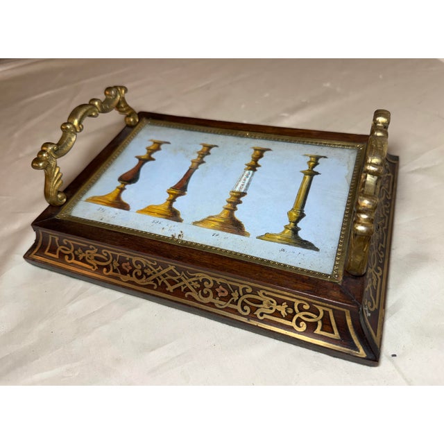 French Antique 19th Century French Boulle Wood Brass Original Watercolor Vanity Tray For Sale - Image 3 of 14