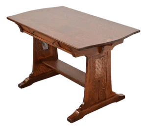Limbert Antique Mission Oak Arts & Crafts Turtle Top Writing Desk or Library Table, Newly Refinished