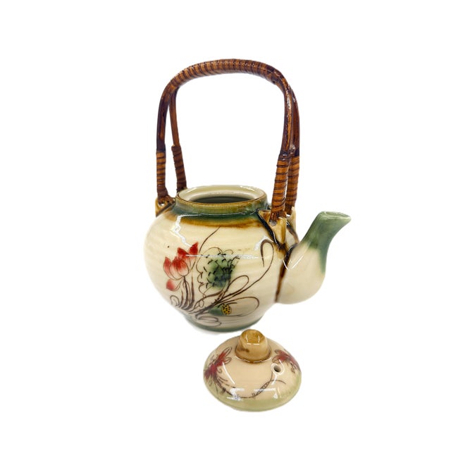 Asian Modern Bat Trang Vietnamese Ceramic Teapot, 6 Teacups & Dessert Tray With Striking Hand Painted Lotus Motif - Set of 8 For Sale - Image 9 of 17