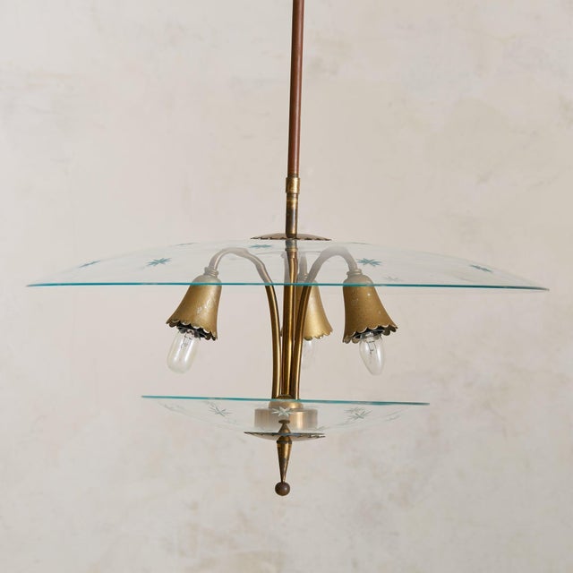 Mid-Century Modern 1940s Mid-Century Modern Italian Glass + Brass Chandelier with Star Motifs For Sale - Image 3 of 10