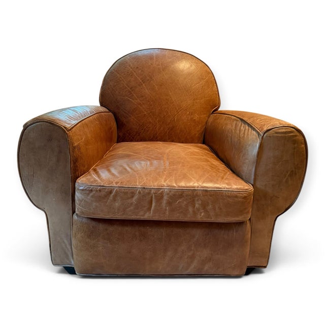 Art Deco Old Hickory Tannery Leather Club Chairs and Ottoman For Sale - Image 3 of 12