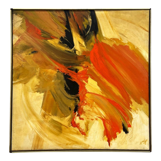 1960s Vintage MCM Large 47" Orange Abstract Modern Painting Signed Harris For Sale