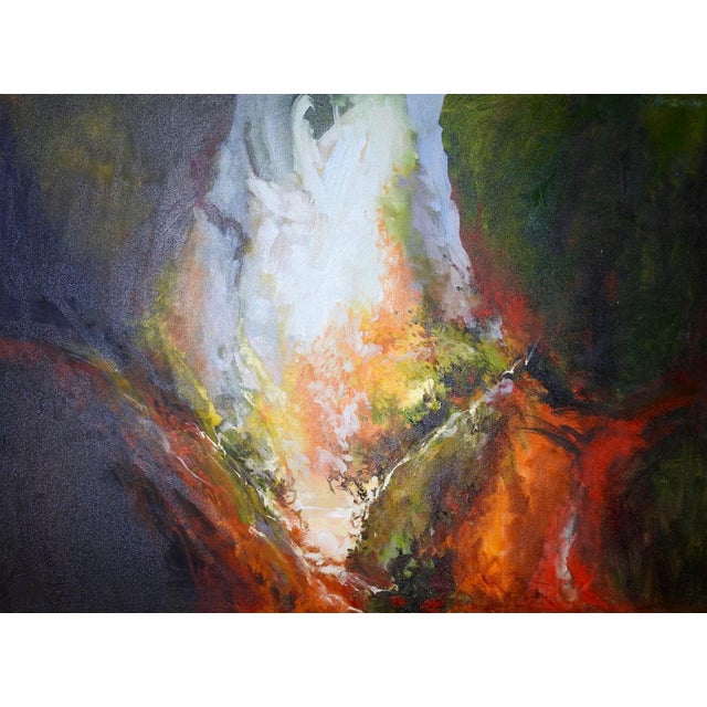 White "Fire & Earth" Lush Rock Cavity Mountainside, Juniper, Pine, and Cider Painting For Sale - Image 8 of 13