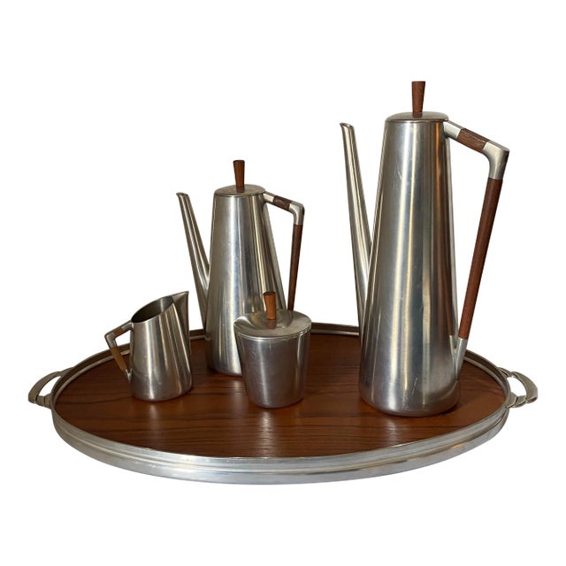 1960s Royal Holland Kmd Tiel Daalderop Pewter and Teak Coffee/Tea Set - 8 Pieces For Sale