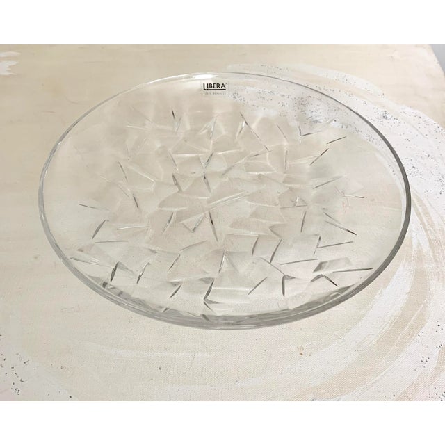 Clear Modern Contemporary Czech Crystal Centerpiece Flat Bowl With Crushed Design From Libera For Sale In San Diego - Image 6 of 6