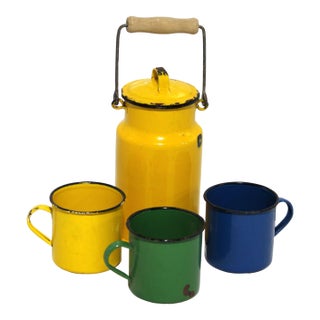 Vintage Yellow Enamelware Milk Pail W/ Cups, Wooden Handle - 4 pcs For Sale