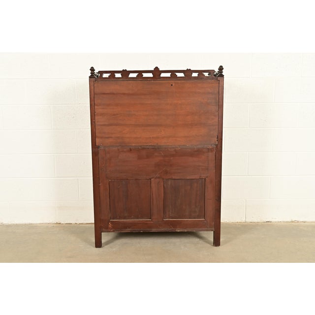 Antique English Victorian or Gothic Revival Carved Walnut Drop Front Secretary Desk | Circa 1880s For Sale - Image 13 of 14