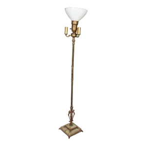 Antique Late 19th Century Brass & Marble 3 Arm Candelabra Torchiere Floor Lamp With Shade