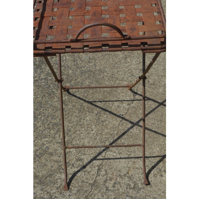 Chestnut Vintage Lattice Tray Top Folding Rustic Iron Table For Sale - Image 8 of 11