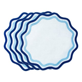 Colorblock Dark Blue/Blue Embroidered Linen Placemats, Set of 4 For Sale