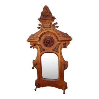 19th C Eastlake Rococo Style Golden Oak Coat and Hats Handing Hallway Mirror For Sale