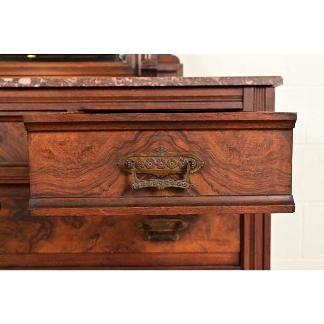 Wood Herter Brothers Style Antique Eastlake Victorian Carved Burled Walnut Marble Top Dresser With Mirror, Circa 1880s For Sale - Image 7 of 17