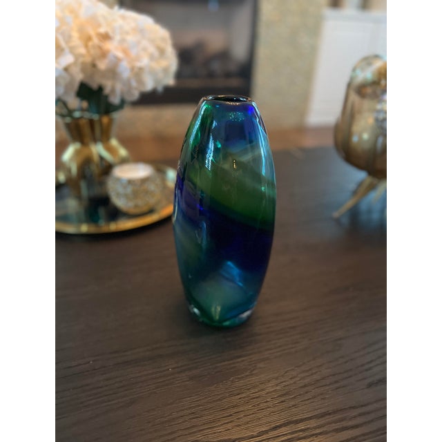 Glass Contemporary Blue Green Glass Swirl Vase For Sale - Image 7 of 8
