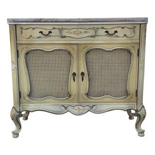Vintage French Provincial Hand Painted Cane Door Cabinet With Marble Top For Sale