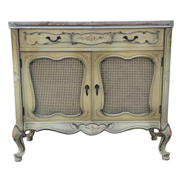 Vintage French Provincial Hand Painted Cane Door Cabinet With Marble Top For Sale