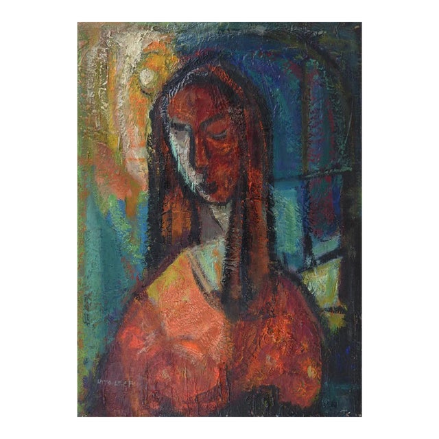 Vintage Mid 20th Century Abstract Portrait Painting of Woman For Sale