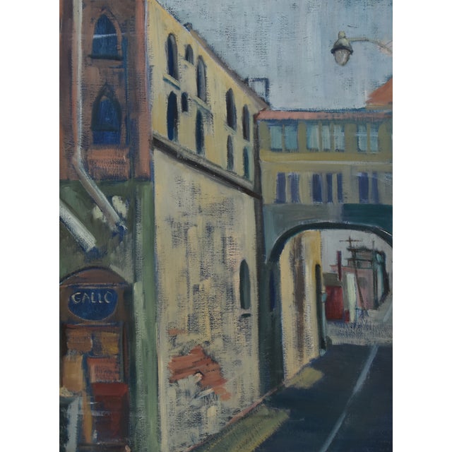 Canvas Midcentury Vintage European Village Street Oil Painting For Sale - Image 7 of 10