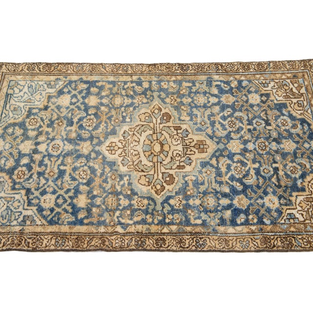 Medallion Antique Persian Hamadan Wool Rug in Blue For Sale - Image 4 of 7