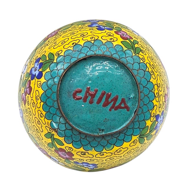 Chinese Cloisonné Enamel Bowl With Yellow Floral Exterior and Blue Interior For Sale - Image 9 of 13