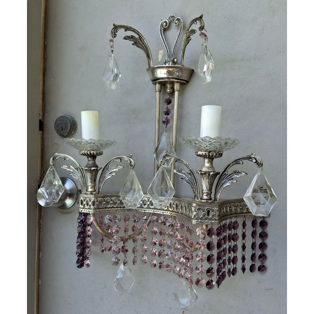1940's Hollywood Regency Silvered Metal With Amethyst & Pink Cut Austrian Crystal Waterfall Wall Sconces a - Pair For Sale - Image 4 of 18