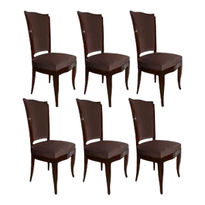 Six French Art Deco Walnut Dining / Side Chairs, Brown Velvet, Ruhlman Style